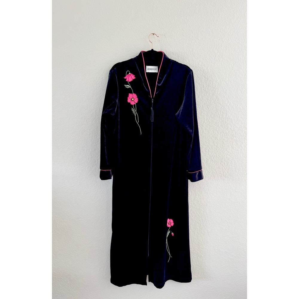 Crowntuft Robe Womens L Black Velour Pink Floral Embroidered Zip Front Vintage